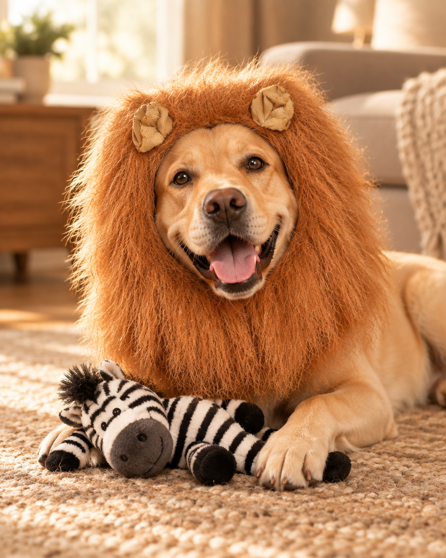 Labrador in the golden lion mane with a plush zebra