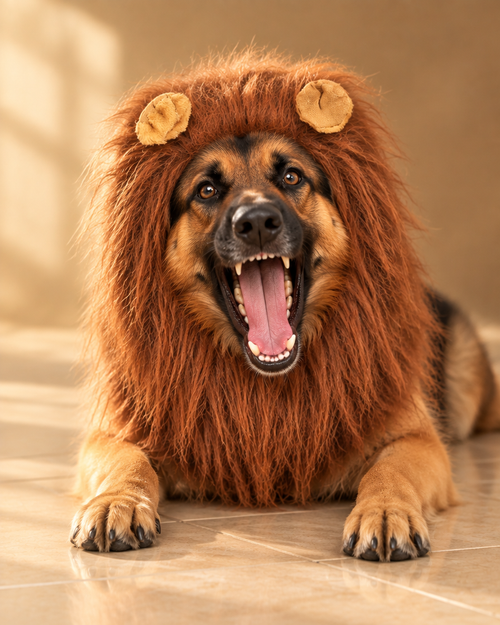 German shepherd roaring in the chestnut lion mane