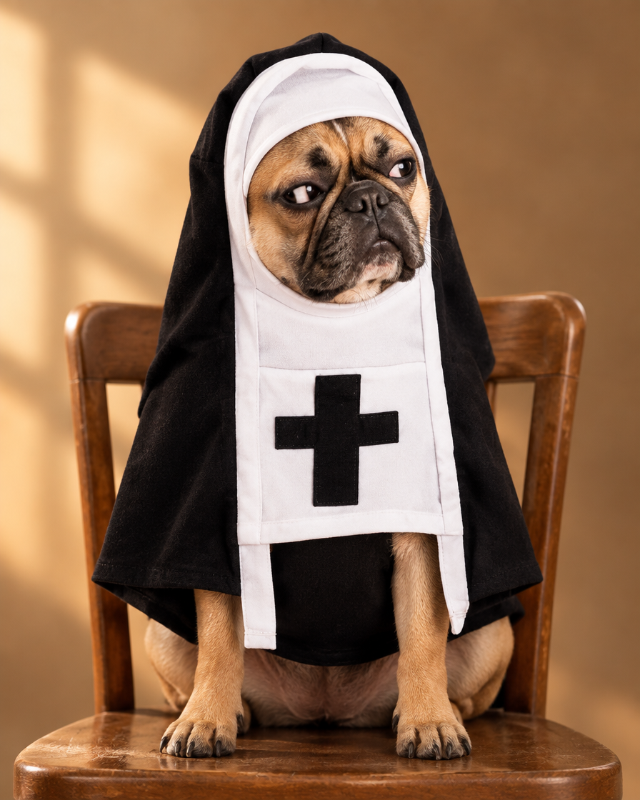 French bulldog in the nun costume giving a judgmental side-eye