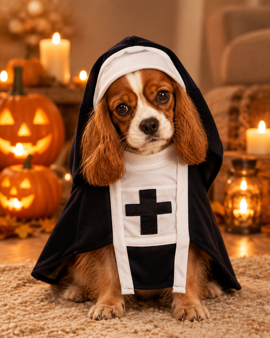 Spaniel in the nun costume with jack-o-lanterns