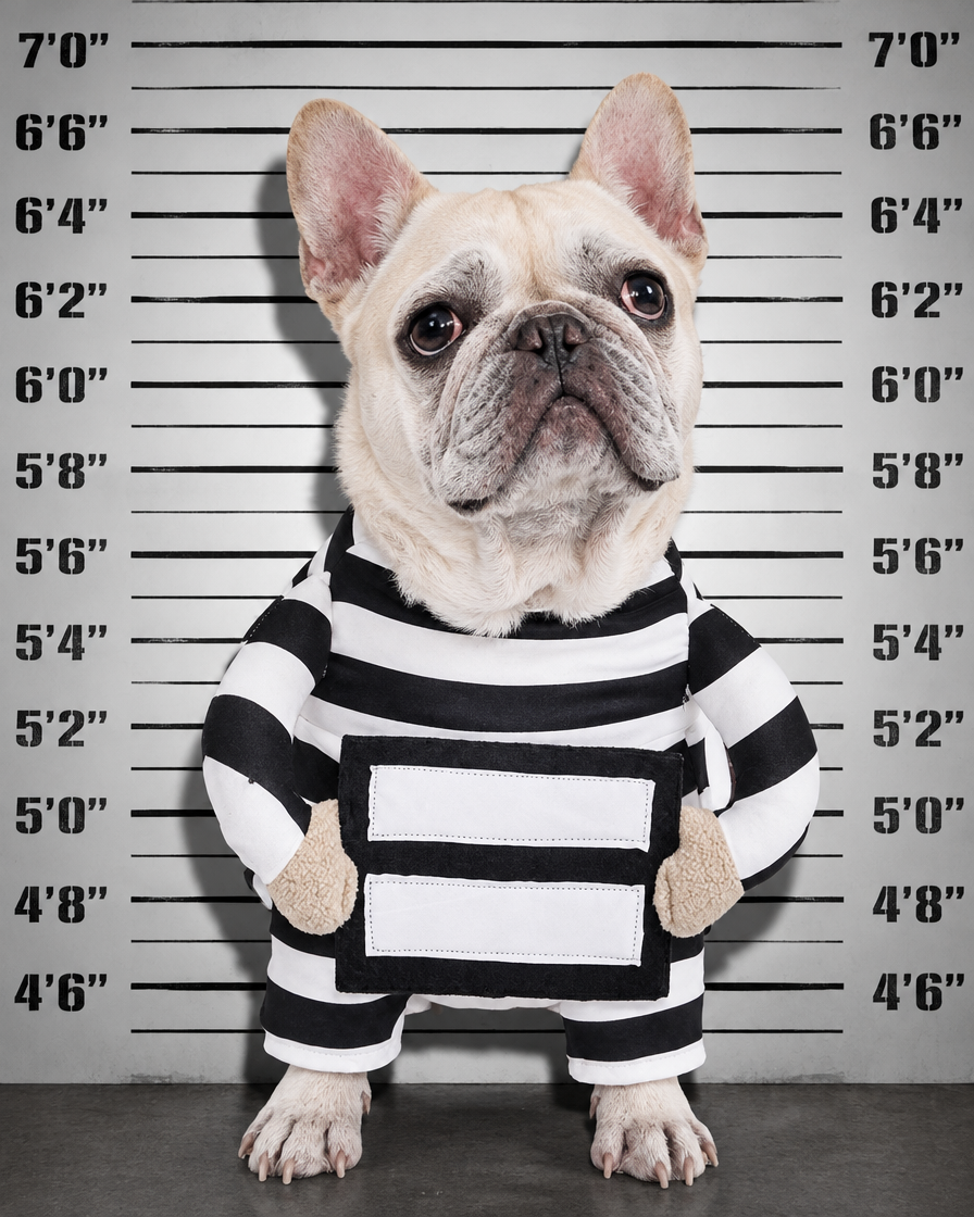French bulldog mugshot in the prisoner costume
