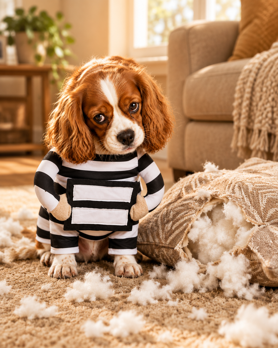 Spaniel in the prisoner costume next to a destroyed pillow